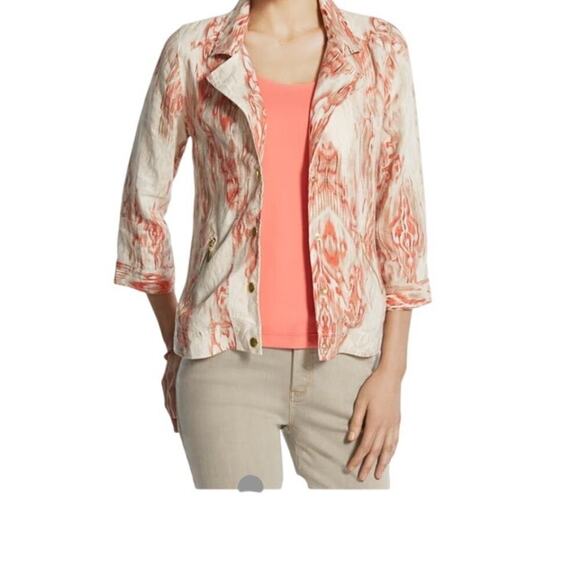 Chico’s Linen Blend Jacket Size 2 Large Peach Coral Abstract Print - Picture 1 of 10